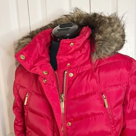Michael Kors Down Water Fowl Feathers Chevron Quilted Puffer Hooded Parka Coat